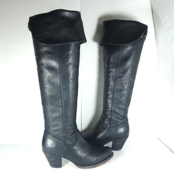 Frye Women's Jane US6,5B Black Leather Fold Over Pull On Knee High Riding Boots - Picture 7 of 16